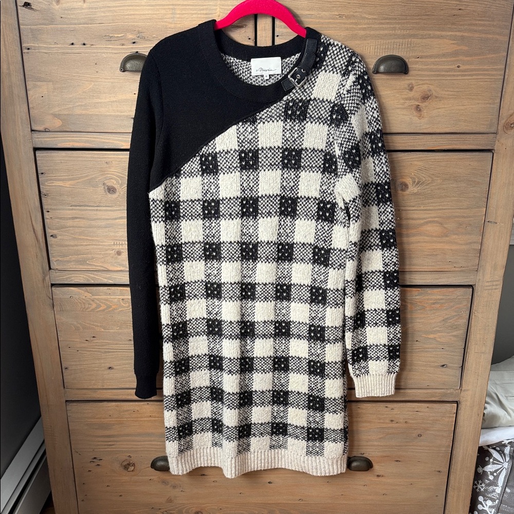 3.1 Phillip Lim Black and Cream Checkered Sweater dress sz M